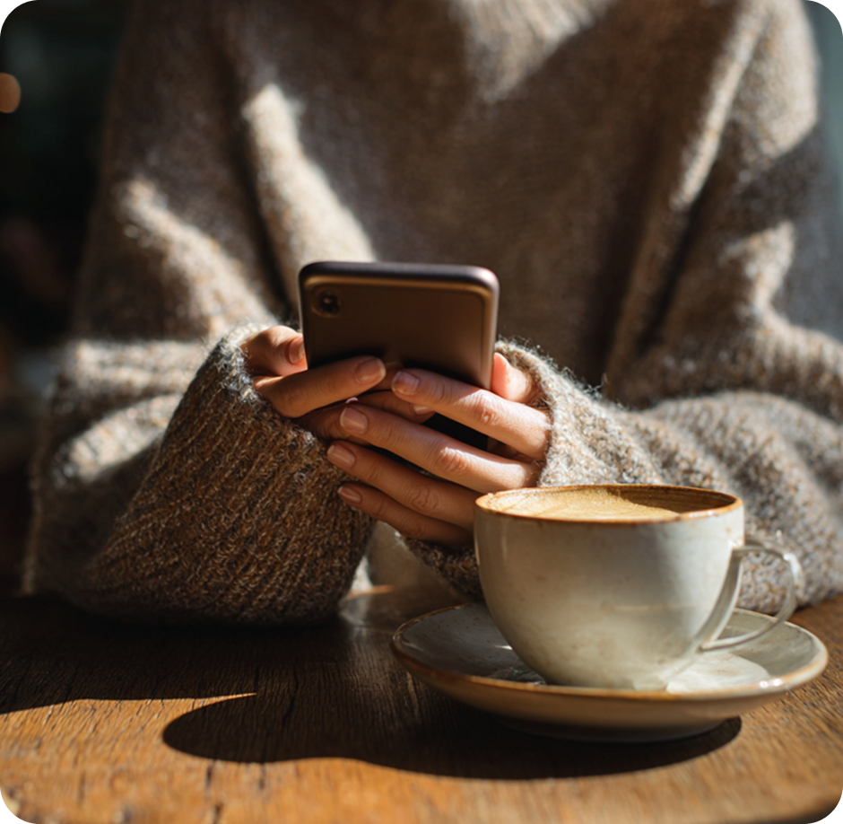 Hands holding a phone next to a cappuccino