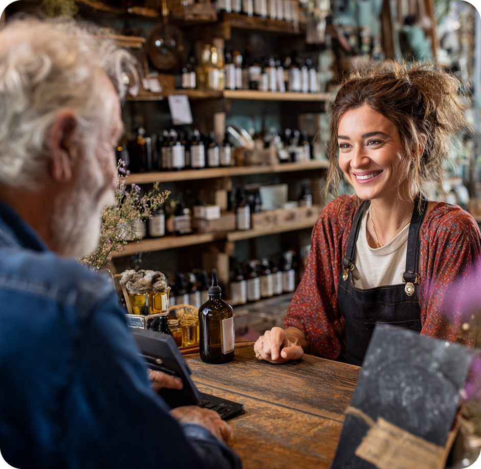Shopkeeper greeting a customer in a local store